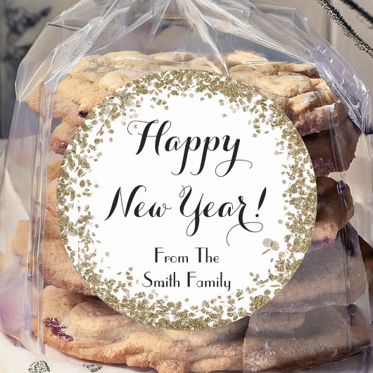 Sticker Rond Joyeux Nouvel An Simple Or et Blanc