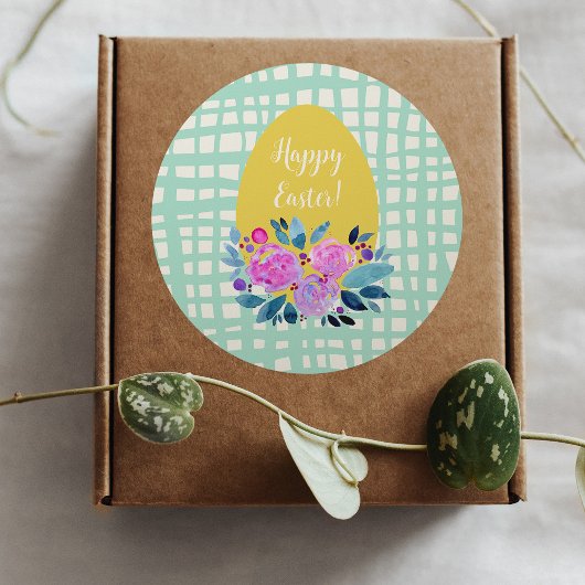 Sticker Rond Joyeux oeuf de Pâques rustique plaid à l'orange