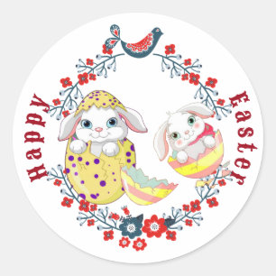 Sticker Rond Joyeux Oeuf Lapin de Pâques Floral Wreath Oiseau