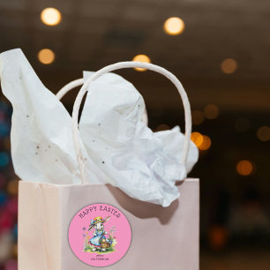 Sticker Rond Joyeux Oeufs de lapin rose Pâques Vintage