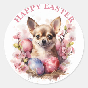 Sticker Rond Joyeux oeufs et fleurs de Chihuahua de Pâques -