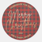 Sticker Rond Joyeux or Noël Buffle rouge Plaid fait maison (Devant)