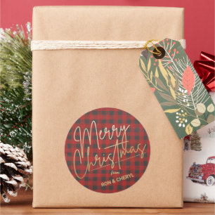 Sticker Rond Joyeux or Noël Rouge Buffle Plaid