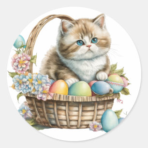 Sticker Rond Joyeux panier de chat de Pâques avec oeufs et fleu