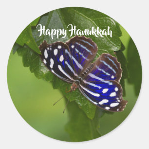 Sticker Rond Joyeux papillon bleu et blanc Hanoukka