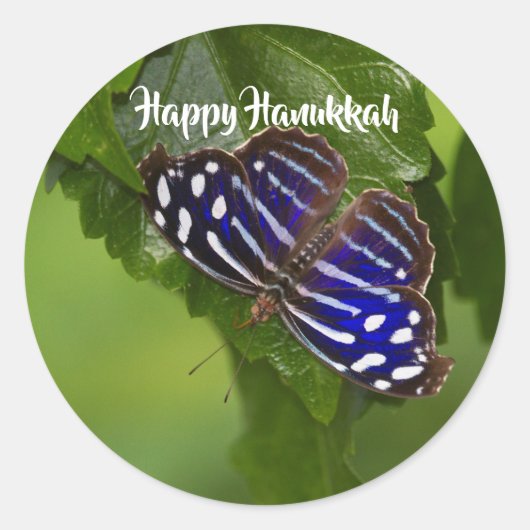 Sticker Rond Joyeux papillon bleu et blanc Hanoukka (Devant)