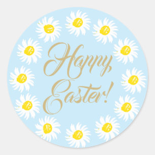 Sticker Rond Joyeux Pâques bleu clair script mignon marguerite