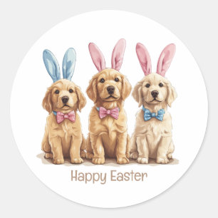 Sticker Rond Joyeux Pâques Golden Retriever Chiens Bunny Ears