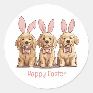 Sticker Rond Joyeux Pâques Golden Retriever Chiens Bunny Ears