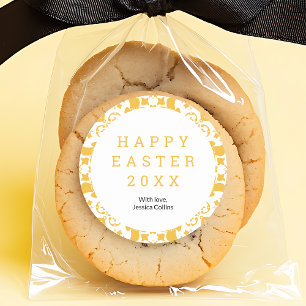 Sticker Rond Joyeux Pâques Jaune élégant motif floral personnal