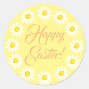 Sticker Rond Joyeux pâques jaune mignonette marguerite cadre fl