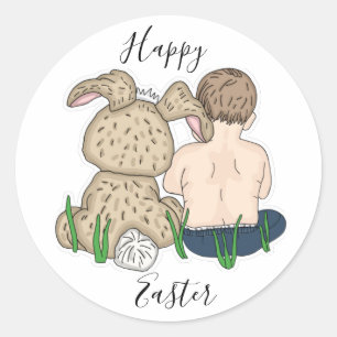Sticker Rond Joyeux Pâques   Petite fille et lapin de Pâques