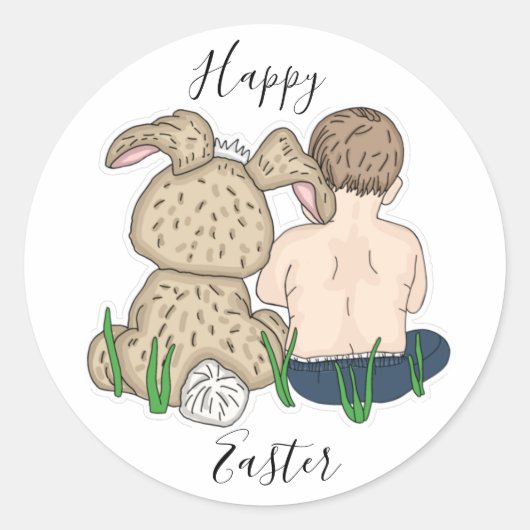 Sticker Rond Joyeux Pâques | Petite fille et lapin de Pâques (Devant)