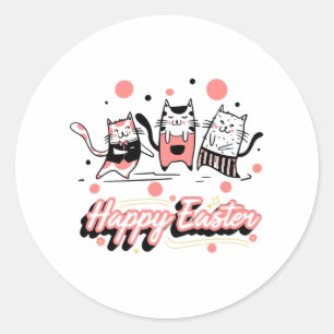 Sticker Rond Joyeux Pâques Trois Chat Portant Bunny Kitty Kitte