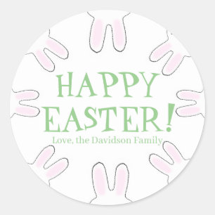 Sticker Rond Joyeux Pâques vert blanc coutume petits lapins amu