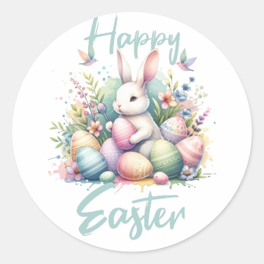 Sticker Rond Joyeux pastel de Pâques Easter Bunny Egg aquarelle (Devant)