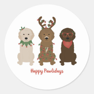 Sticker Rond Joyeux Pawlidays Goldendoodle lumières de Noël