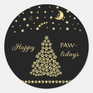 Sticker Rond Joyeux Pawlidays, Or brillant Paw sapin de Noël