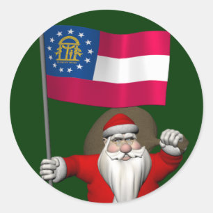 Sticker Rond Joyeux Père Noël Avec Drapeau De Géorgie