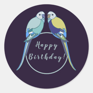 Sticker Rond Joyeux perruche d'anniversaire bleu jaune