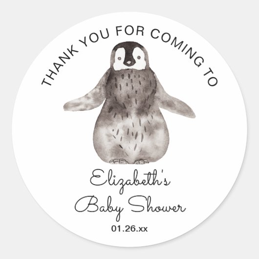 Sticker Rond Joyeux petit Merci de Baby shower de pingouin (Devant)