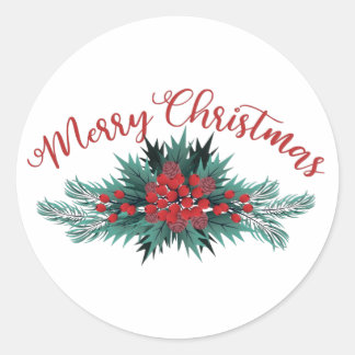 Sticker Rond Joyeux Pine de Noël Bough Holly Berry Poinsettia