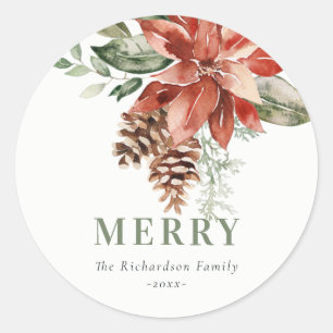 Sticker Rond Joyeux Poinsettia Bund'aquarelle Pine Noël