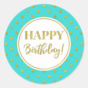 Sticker Rond Joyeux Points d'or blanc turquoise d'anniversaire