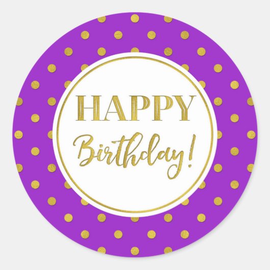 Sticker Rond Joyeux Points d'or blanc violet d'anniversaire (Devant)
