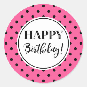 Sticker Rond Joyeux Points noirs blancs roses d'anniversaire