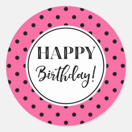 Sticker Rond Joyeux Points noirs blancs roses d'anniversaire (Devant)