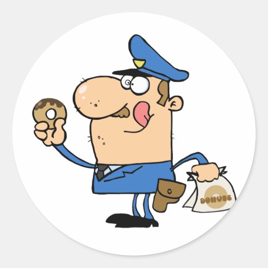 Sticker Rond Joyeux policier mangeant de la beigne (Devant)