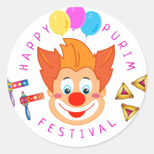 Sticker Rond Joyeux Purim Festival Funny Clown Kids Party