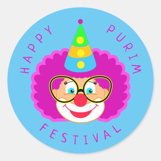 Sticker Rond Joyeux Purim Festival Funny Clown Kids Party (Devant)