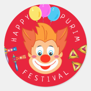 Sticker Rond Joyeux Purim Festival Funny Clown Kids Party