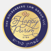 Sticker Rond Joyeux Purim Purple & Gold Script Classic LARGE (Devant)