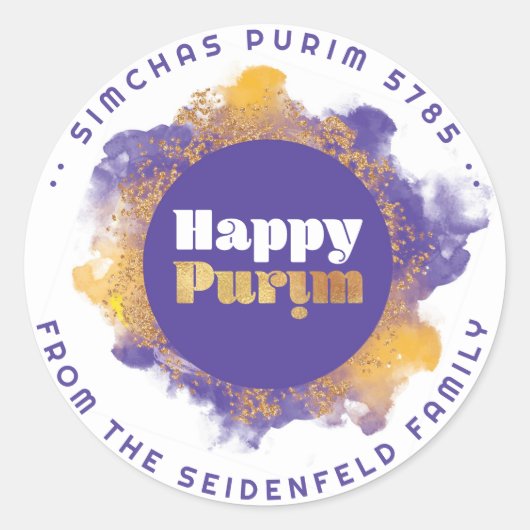 Sticker Rond Joyeux Purim Purple Personnalisé Monogramme Classi (Devant)