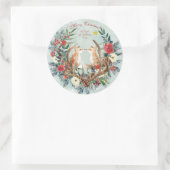 Sticker Rond Joyeux renards d'hiver fleuris rouges de noël (Sac)