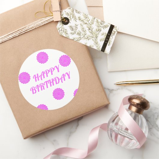 Sticker Rond Joyeux rose anniversaire (Cadeaux)