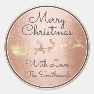 Sticker Rond Joyeux Rose de Noël Gold Père Noël Reindeer Sle
