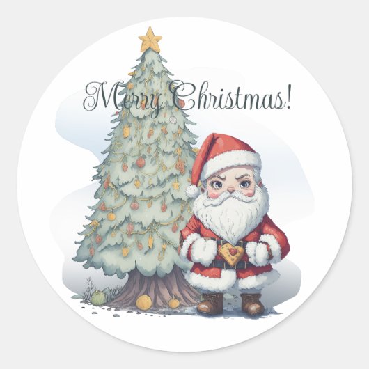 Sticker Rond Joyeux sapin de Noël et Père Noël (Devant)