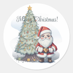 Sticker Rond Joyeux sapin de Noël et Père Noël