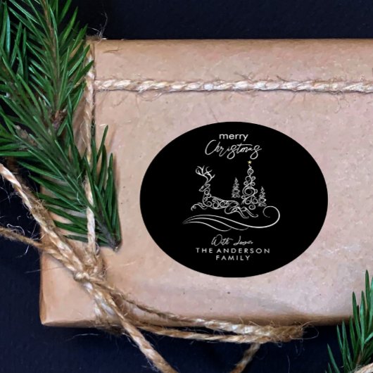 Sticker Rond Joyeux sapin de Noël et renne