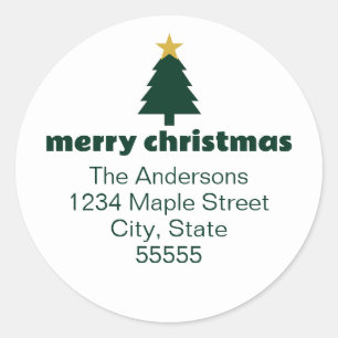 Sticker Rond Joyeux sapin de Noël & étoile vert foncé et blanc