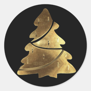 Sticker Rond Joyeux sapin de Noël noir et or élégant