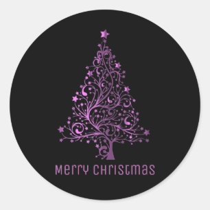 Sticker Rond Joyeux sapin de Noël noir métal rose