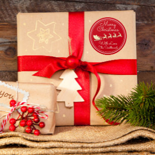 Sticker Rond Joyeux sapin de Noël Nom Red Gold Père Noël Sle