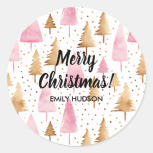 Sticker Rond Joyeux sapin rose or Noël