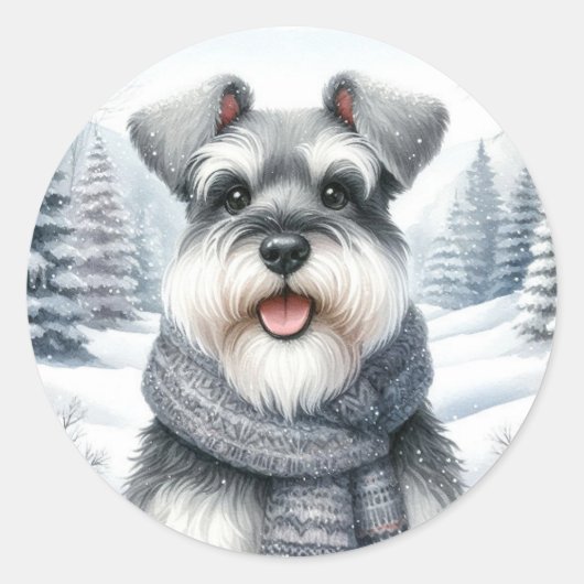 Sticker Rond Joyeux Schnauzer dans un art hivernal (Devant)