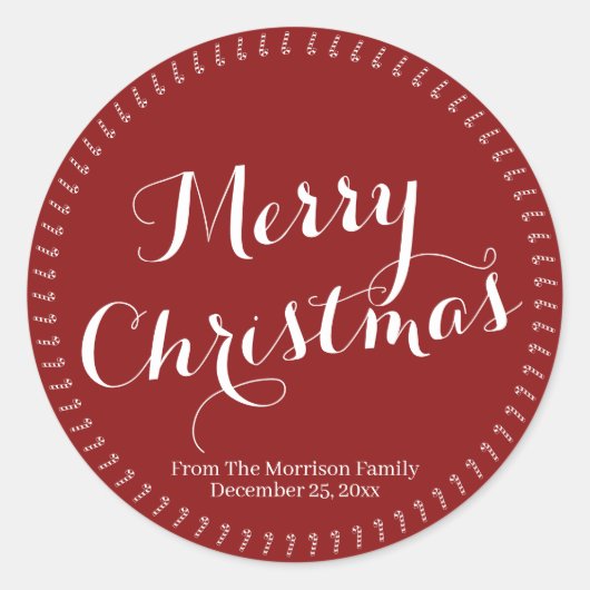 Sticker Rond Joyeux script de Noël bordeaux nom personnalisé (Devant)